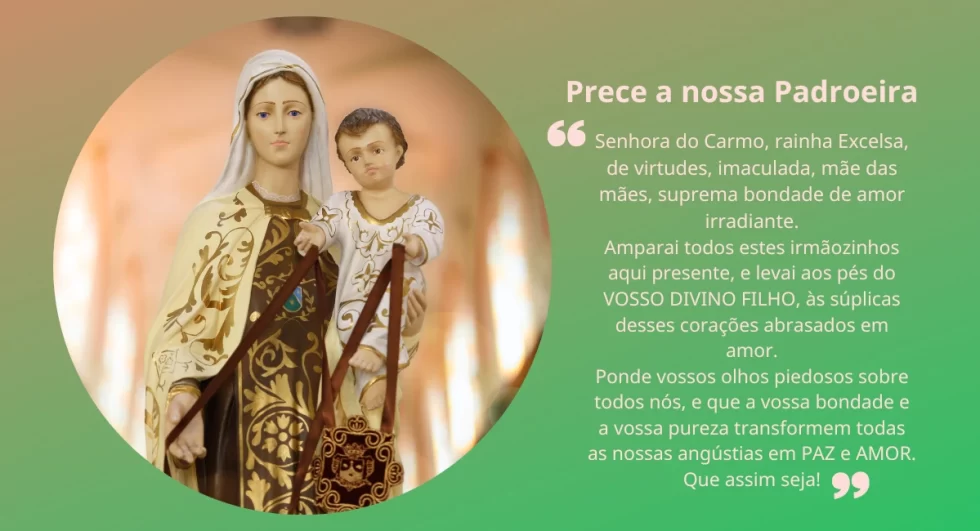 Imagem de Nossa Senhora do Carmo, padroeira da Casa Senhora do Carmo, com sua prece, transmitindo fé e proteção.
